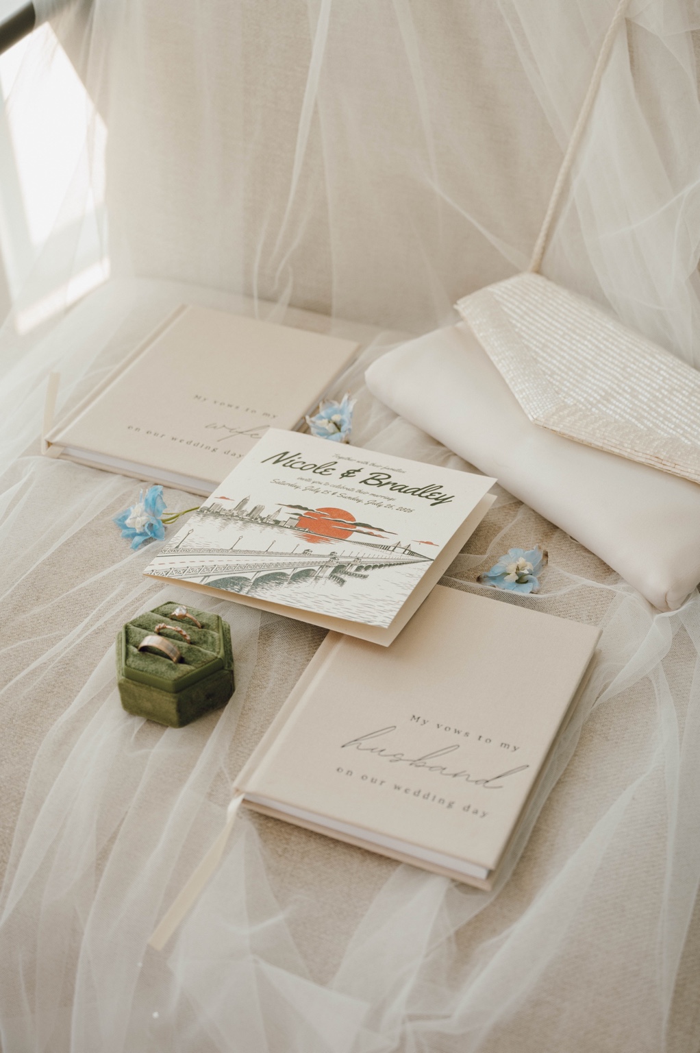 Wedding stationery, vows, rings, and bridal details